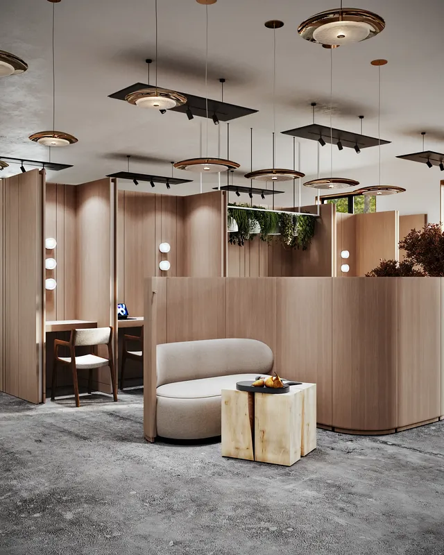 Postes de travail modernes dans le hall avec cloisons en bois et canapé confortable pour attendre.
