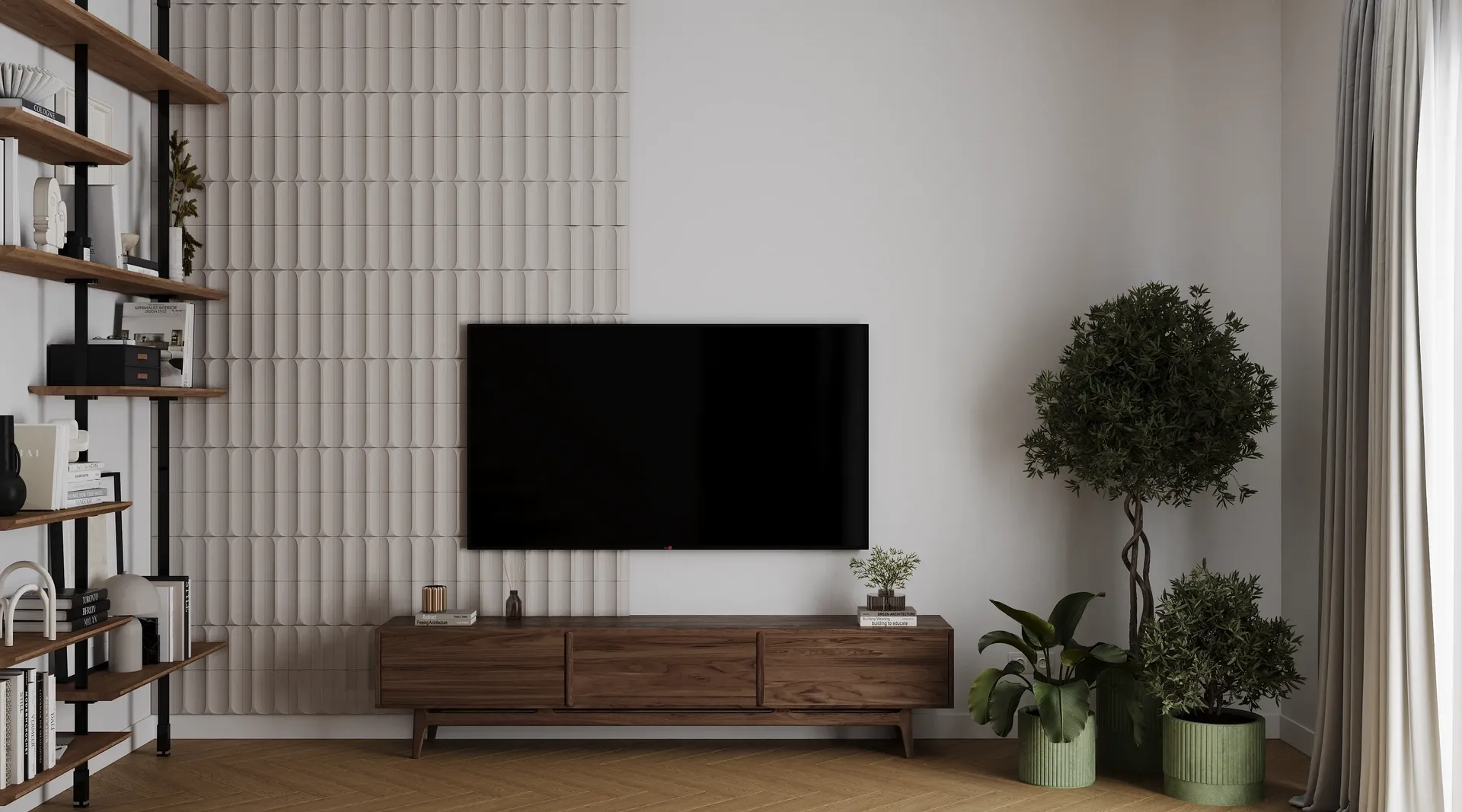 Vorderansicht einer TV-Zone mit Medieneinheit, Pflanzen und teilweise Regalen.