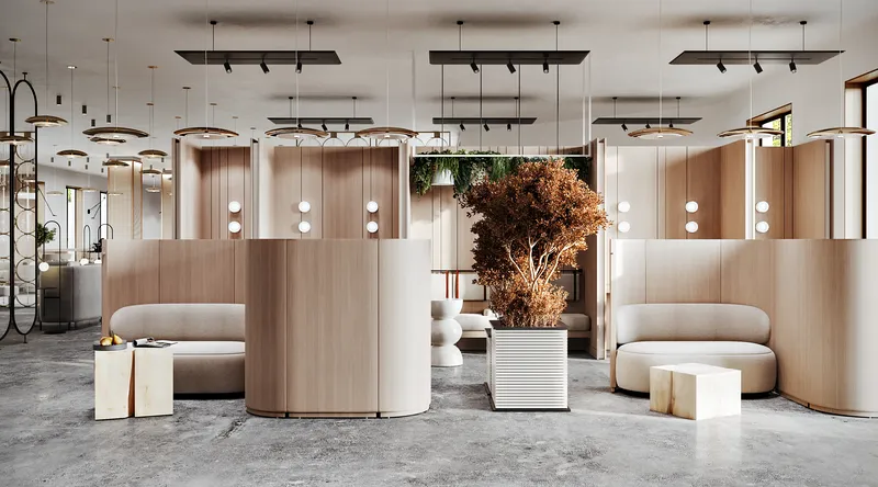 Coins salons privés dans un hall moderne, dotés de canapés confortables et d'élégantes cloisons en bois.
