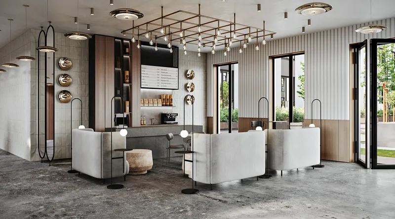 Modernes Café mit eleganter Bar, privaten Tischen mit hoher Rückenlehne und Zugang zu einem Innenhof.