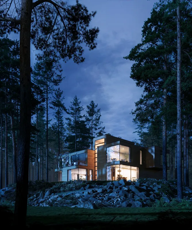 Villa moderne éclairée dans une forêt de pins la nuit.