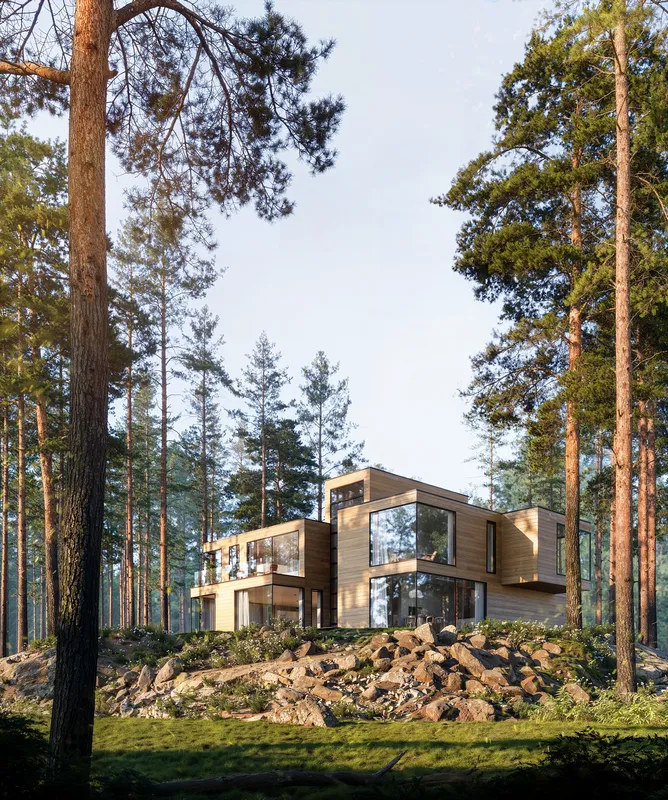 Villa moderne nichée dans une pinède en journée.