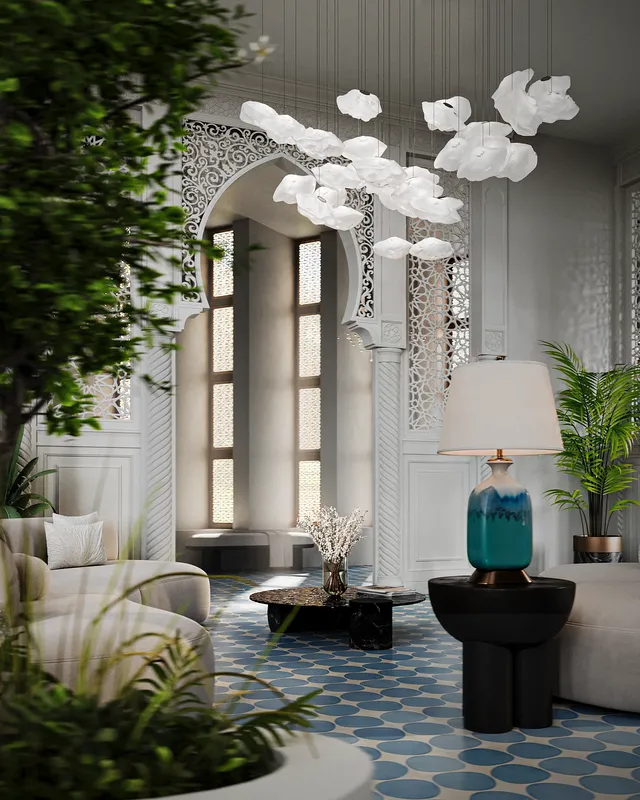 Vue en angle d'une grande arcade d'entrée dans un hall.