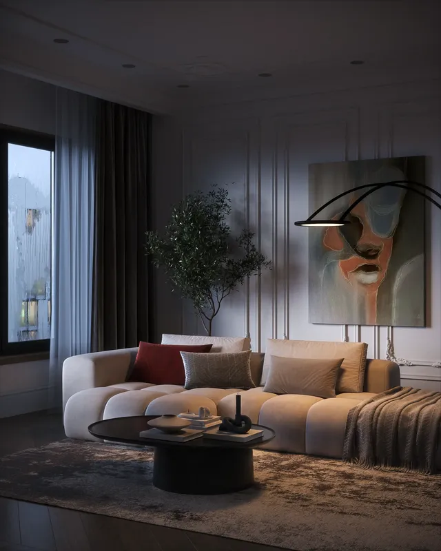 Intérieur néoclassique atmosphérique au crépuscule, mêlant lumière du jour fraîche et éclairage artificiel chaleureux.