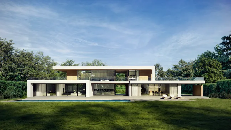 Moderne Villenfassade sonnt sich in hellem Tageslicht