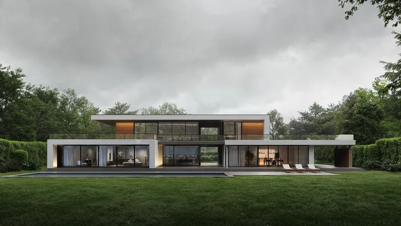 Die Außenarchitektur der Villa wird bei sanftem, bewölktem Tageslicht gezeigt