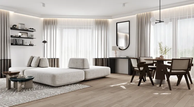 Eckansicht des Wohnbereichs mit Sofagruppe, modernem Sideboard und Esstisch.