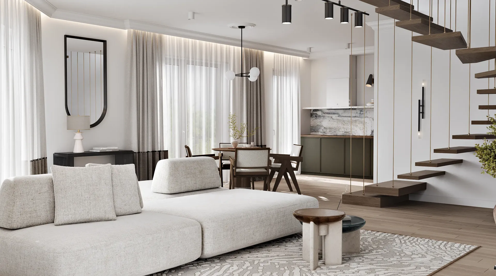 Vue d'angle reliant la salle à manger moderne, la cuisine et l'escalier depuis le salon.