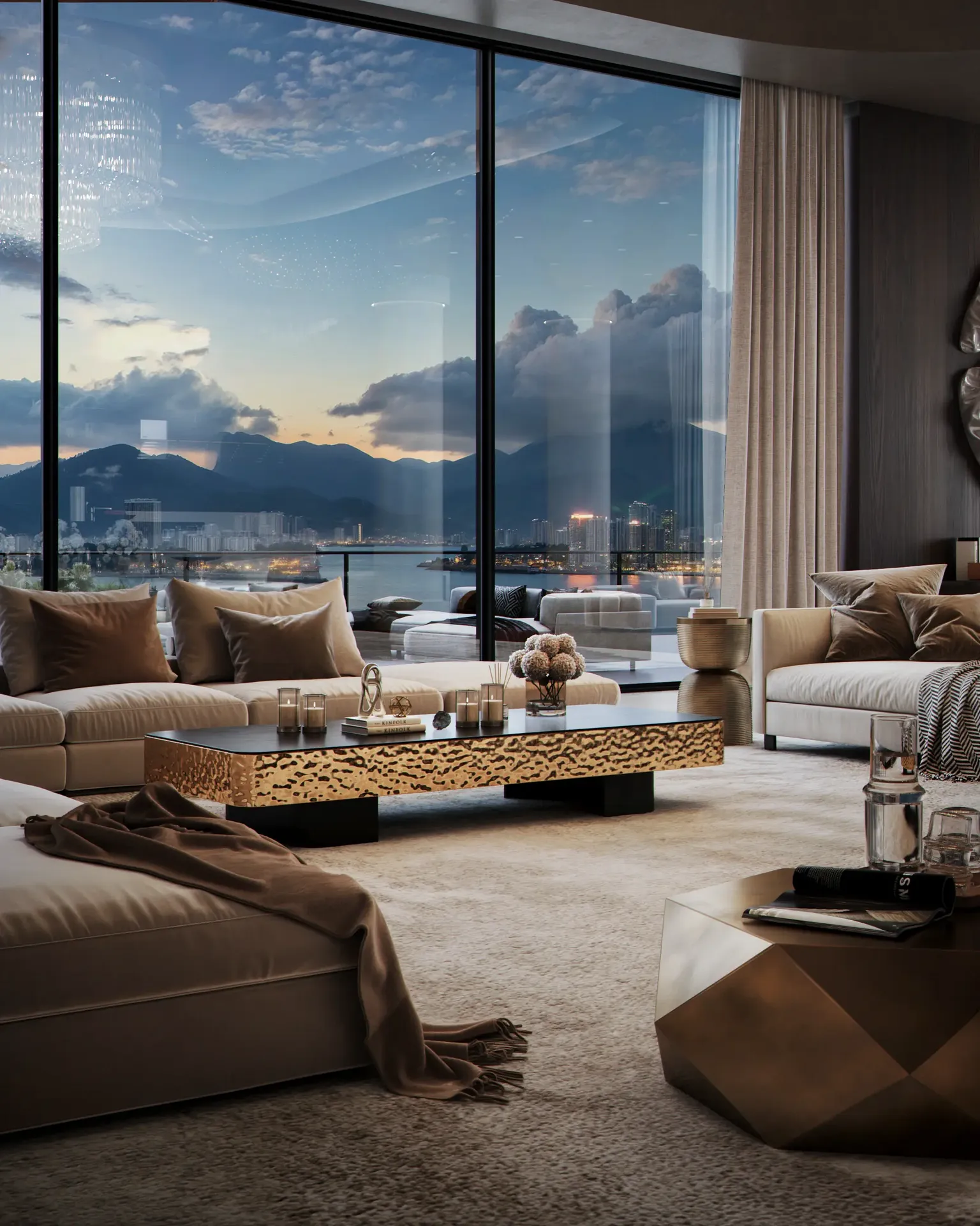 Coin salon élégant dans un penthouse moderne, présentant un canapé moelleux et une table d'appoint devant un magnifique coucher de soleil.