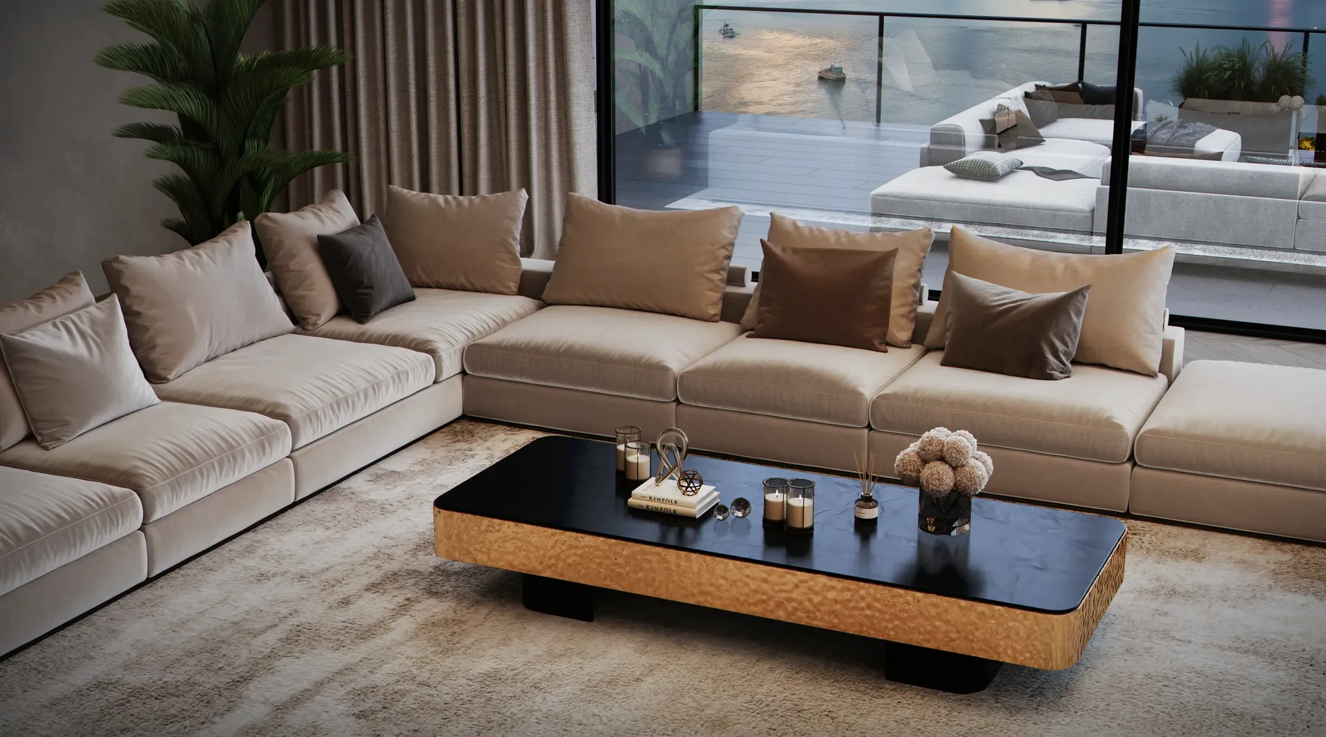 Vue aérienne d'un salon penthouse chic, mettant en valeur un agencement de canapés contemporain et une table basse élégante.