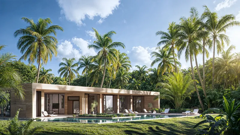 Vue générale d'une villa de vacances tropicale dotée d'une piscine et de palmiers.