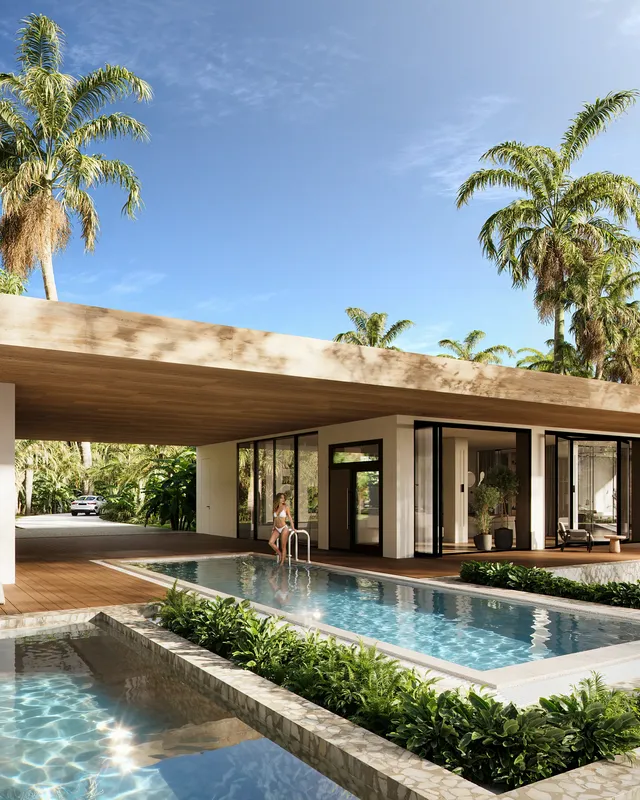 Entrée de villa moderne et espace piscine avec une femme profitant du cadre tropical.