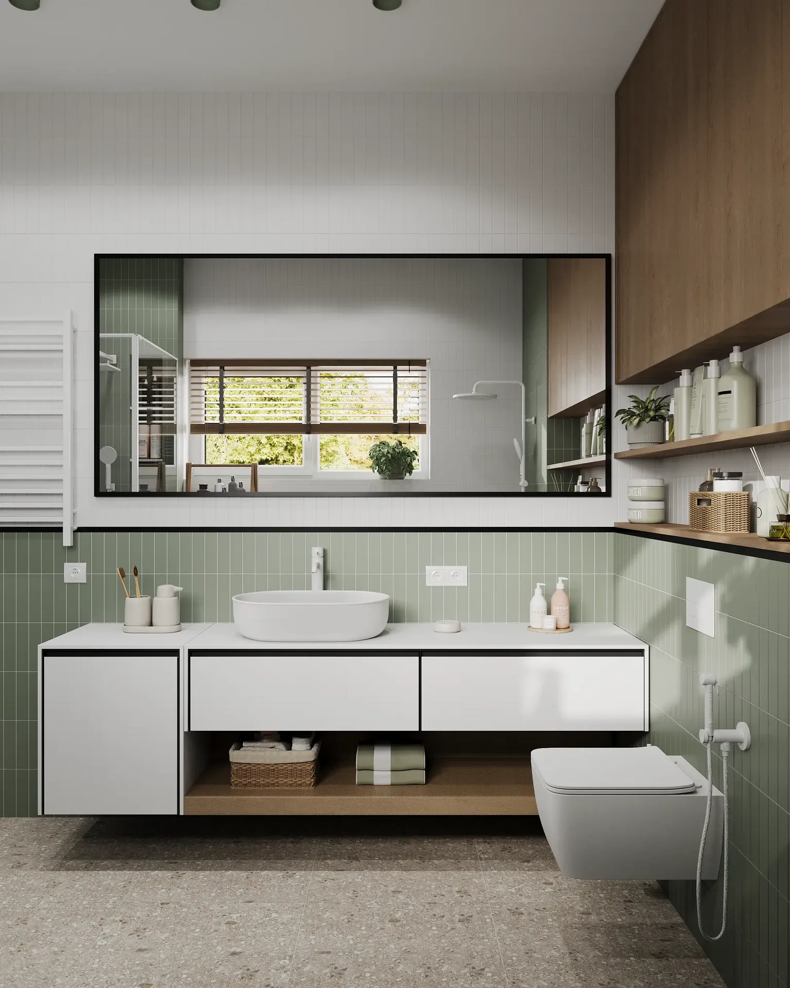 Vue de face d'un lavabo, d'un miroir et d'une partie des toilettes.