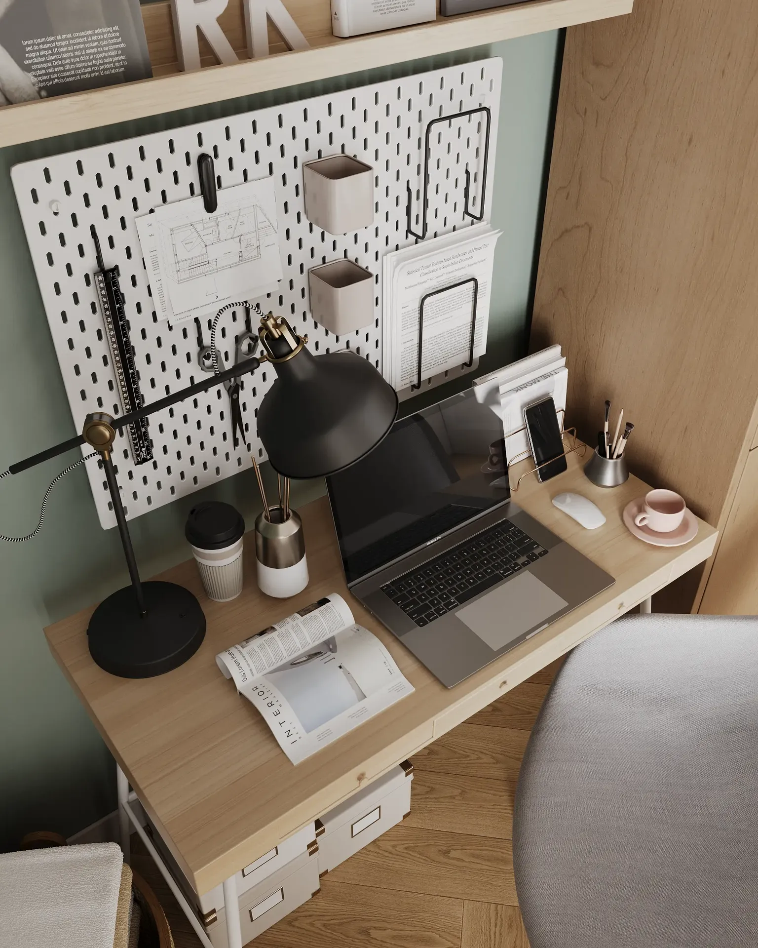 Vue de haut en bas d'un espace de travail avec un bureau et une chaise.