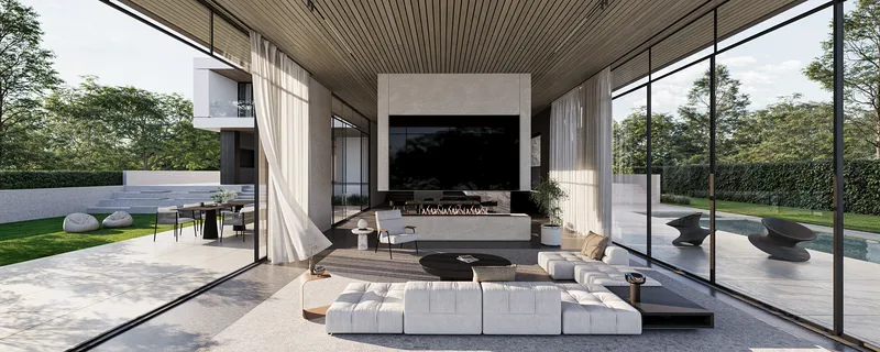 Offenes Wohnzimmer der Villa mit Kamin und Zugang zum Pool.