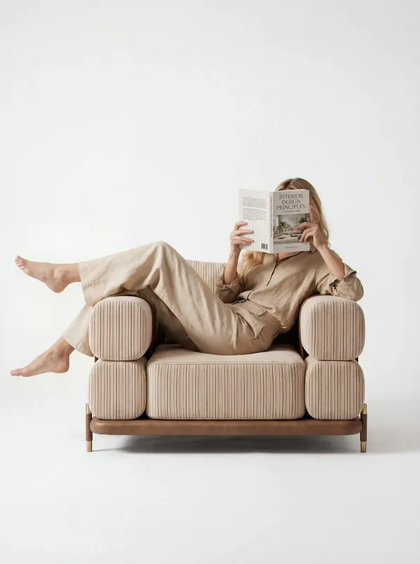 Frau liest eine Zeitschrift und sitzt bequem in einem modernen Designersessel.