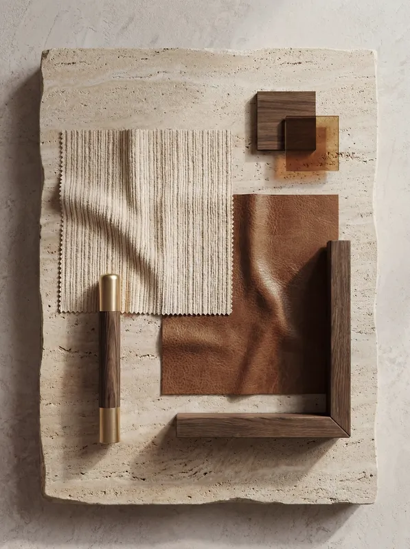 Materialtafel mit Stoff, Leder, Metall, Holz, Travertin und Kunststoff.