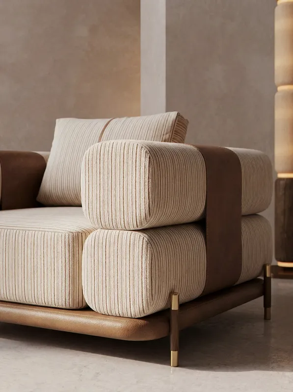 Detailaufnahme der Sesselpolsterung und Armlehne aus einer Mischung aus Stoff und Leder.