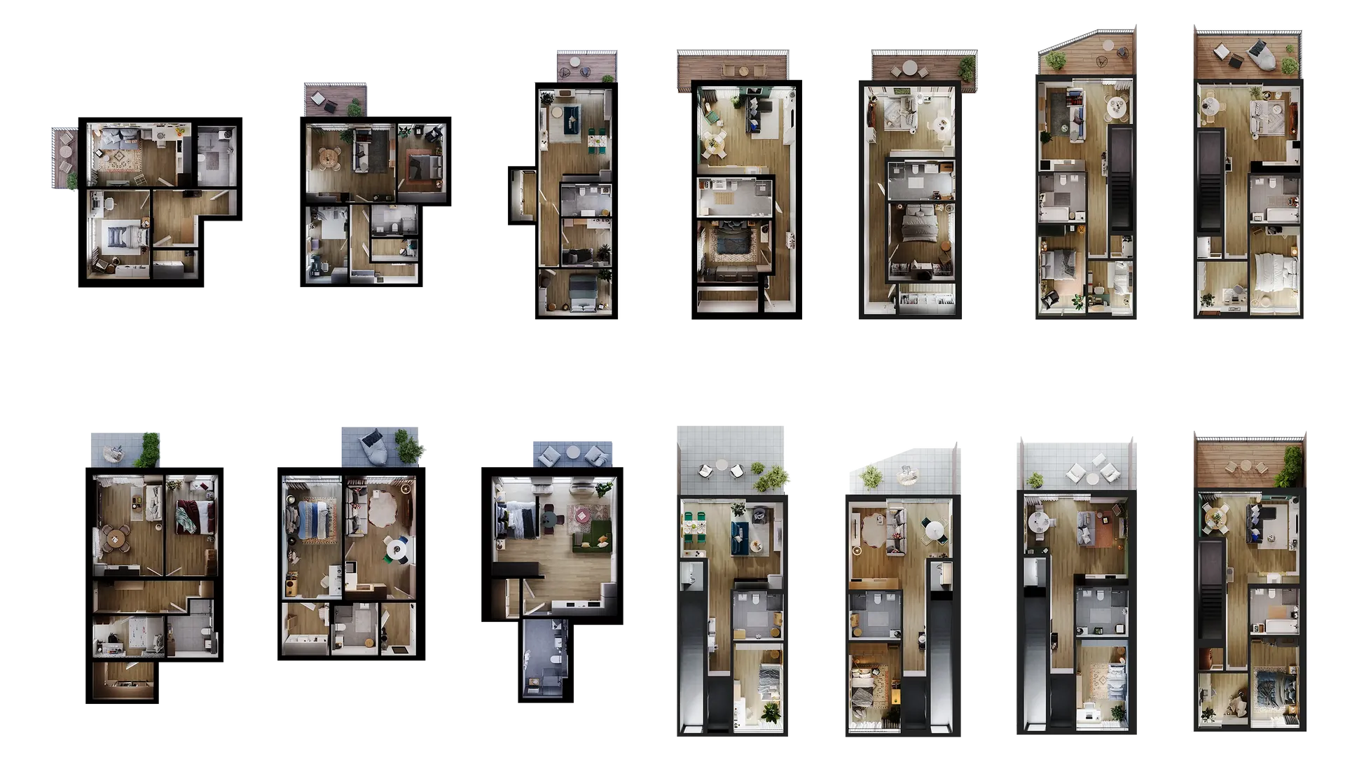 Collage de plans d'étage descendants pour un complexe de maisons de ville moderne.