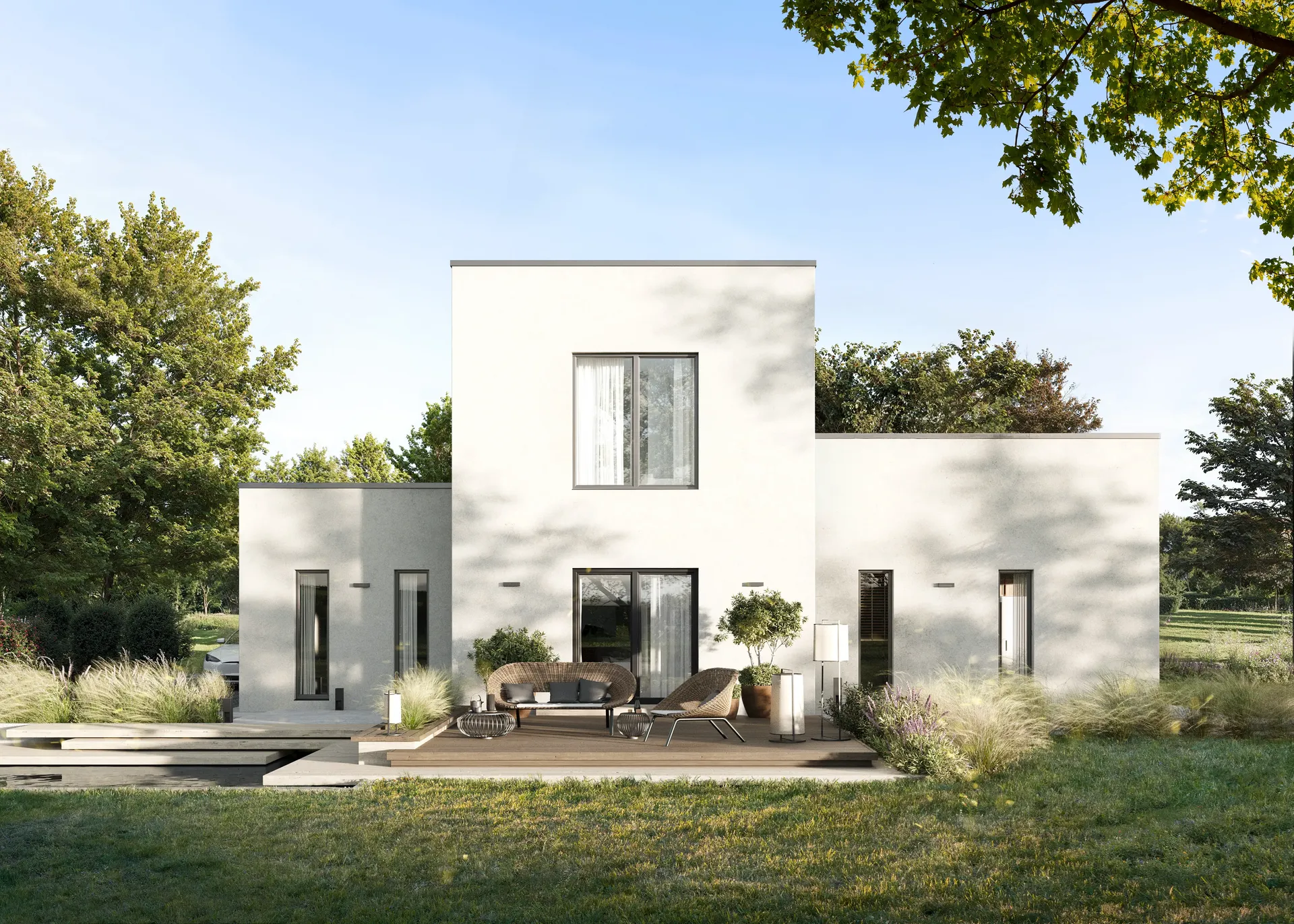 Vorderansicht der hinteren Fassade und Terrasse.