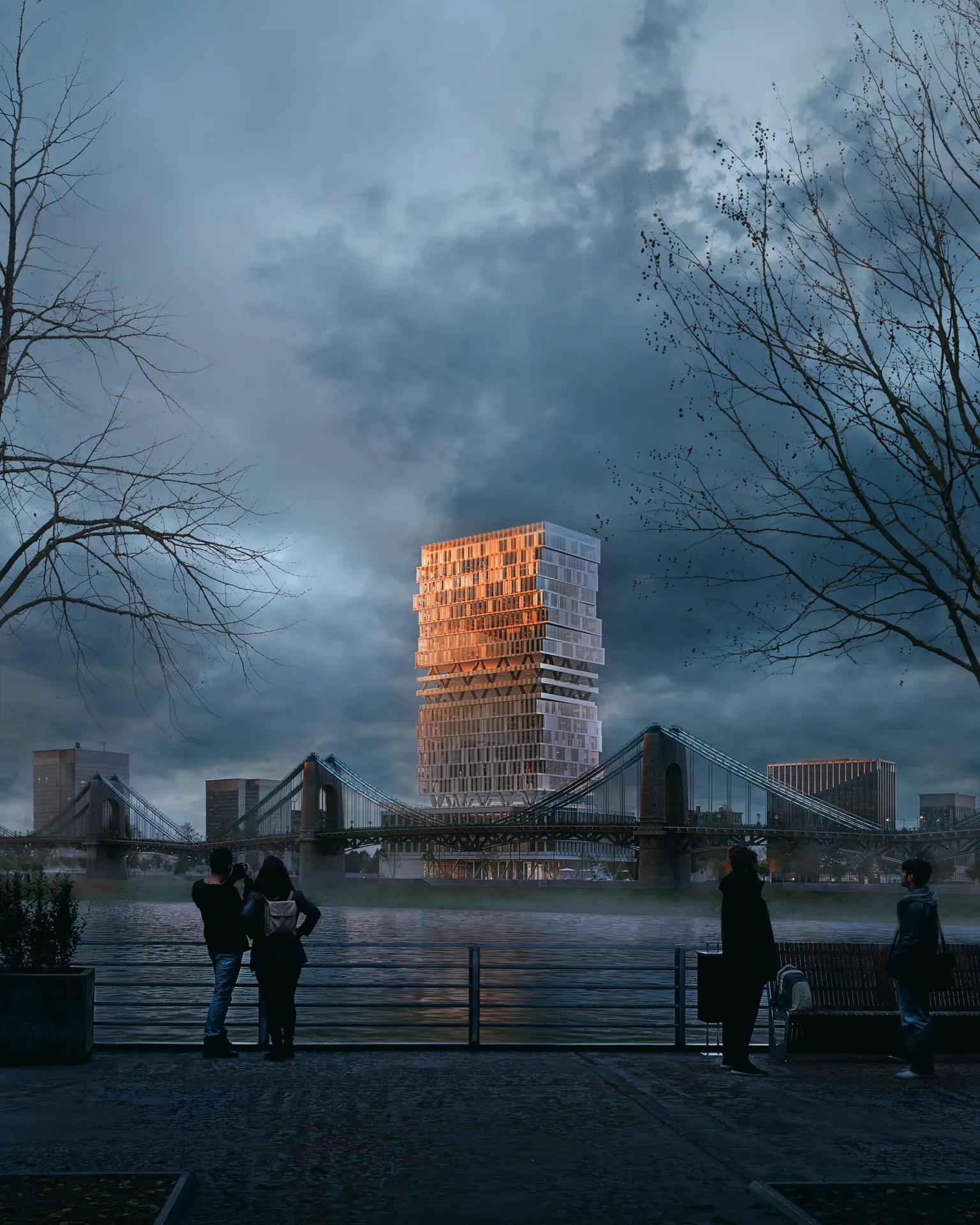 Dramatischer Blick nach dem Regen auf einen Wolkenkratzer von einem Flusspier aus, mit Sonnenstrahlen, die auf die Fassade treffen, und Menschen, die die Skyline bewundern.