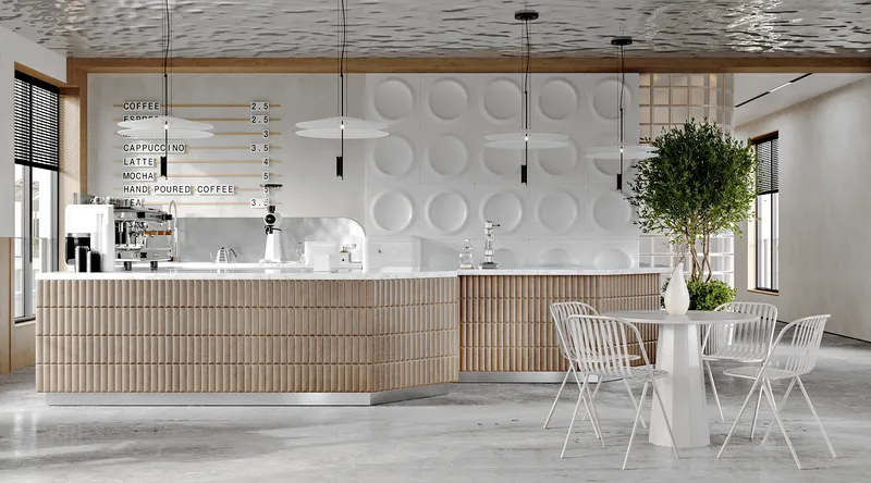 Moderne Café-Ansicht mit der Hauptbartheke und einem angrenzenden Tisch für vier Personen.