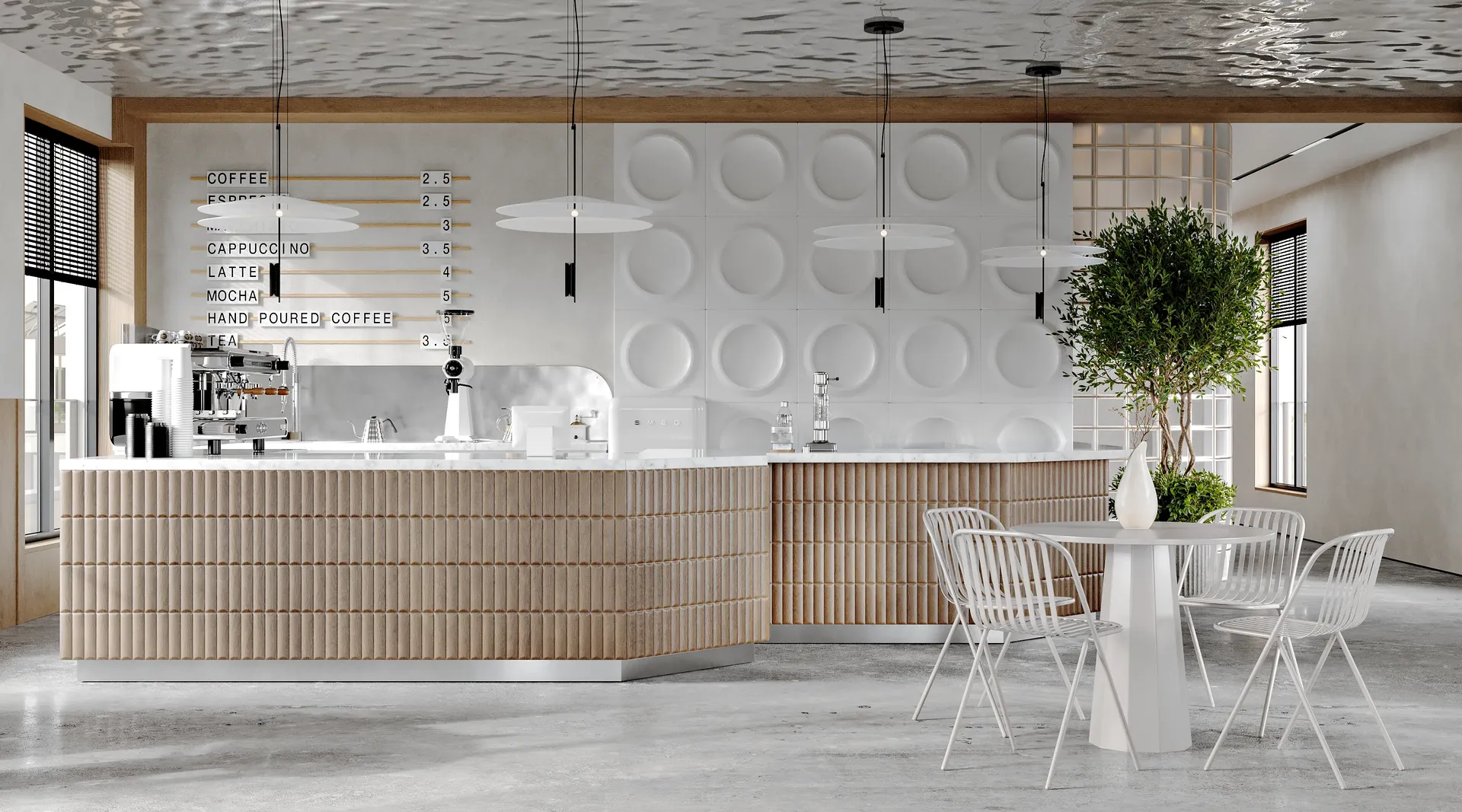 Moderne Café-Ansicht mit der Hauptbartheke und einem angrenzenden Tisch für vier Personen.