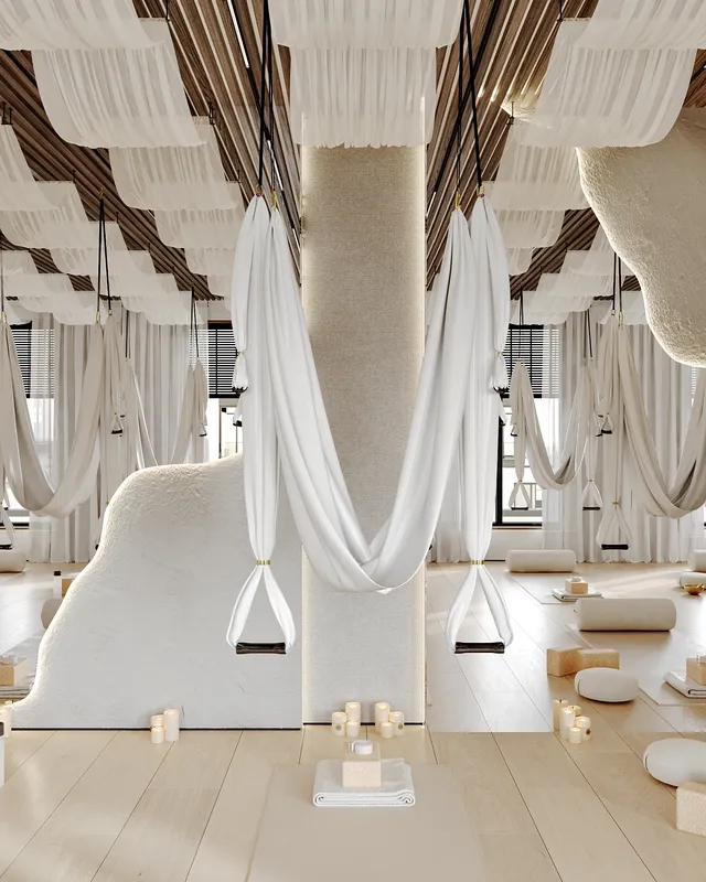 Endroit paisible pour le yoga aérien, doté d'un seul hamac près d'un grand miroir.