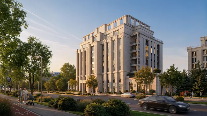 Vue sur la rue animée avec piétons et façade de bâtiment inclinée.