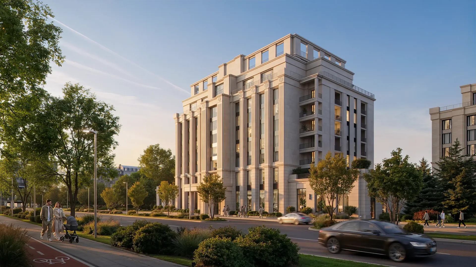 Vue sur la rue animée avec piétons et façade de bâtiment inclinée.