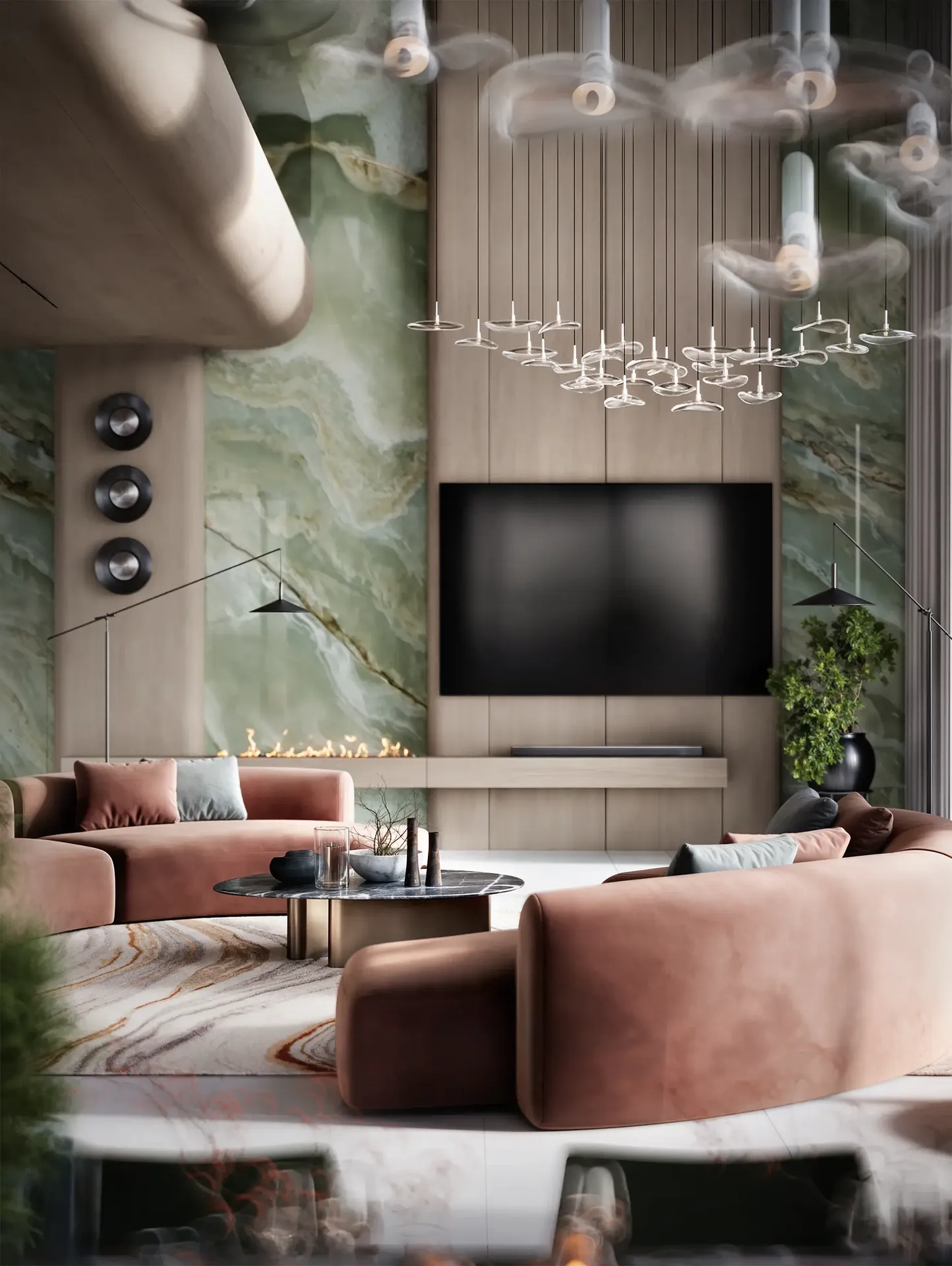 Blick vom Esstisch auf das gemütliche Wohnzimmer mit Sofa und TV-Bereich.