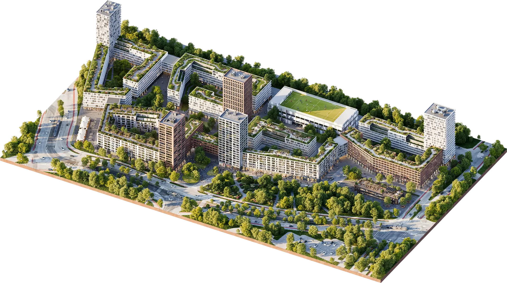 Luftaufnahme eines modernen Wohnkomplexes aus der Vogelperspektive mit Darstellung des architektonischen Masterplans.