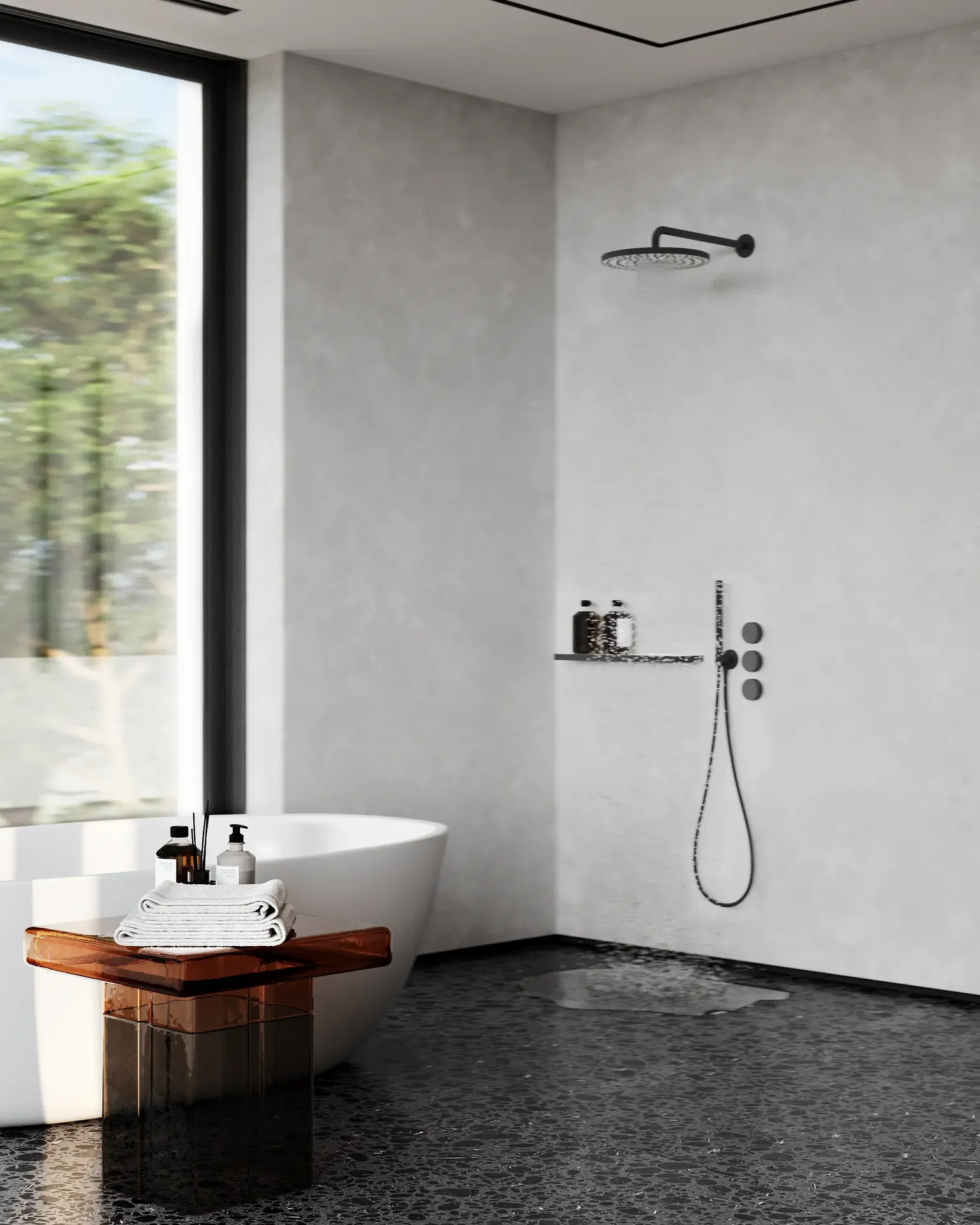 Eckansicht eines geräumigen, modernen Badezimmers mit freistehender Badewanne und begehbarer Dusche.