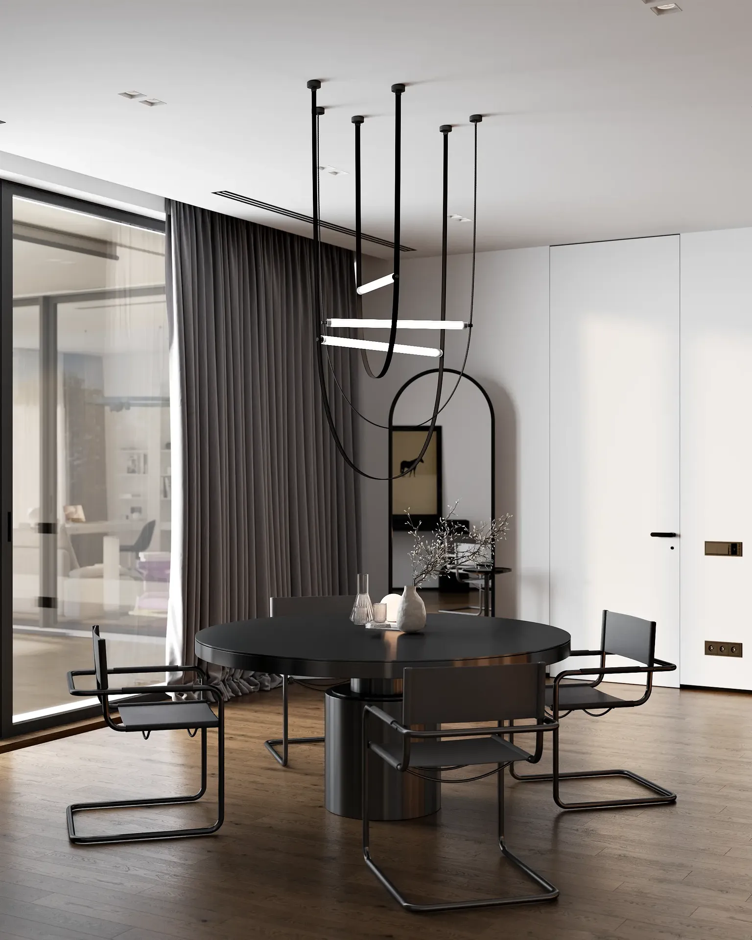 Blick auf einen modernen Esstisch und Stühle in der offenen Küche.