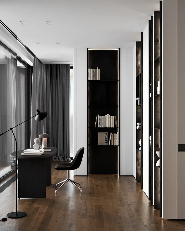 Helles, modernes Heimbüro mit Schreibtisch am Fenster, minimalistischen Regalen und einer Stehlampe.