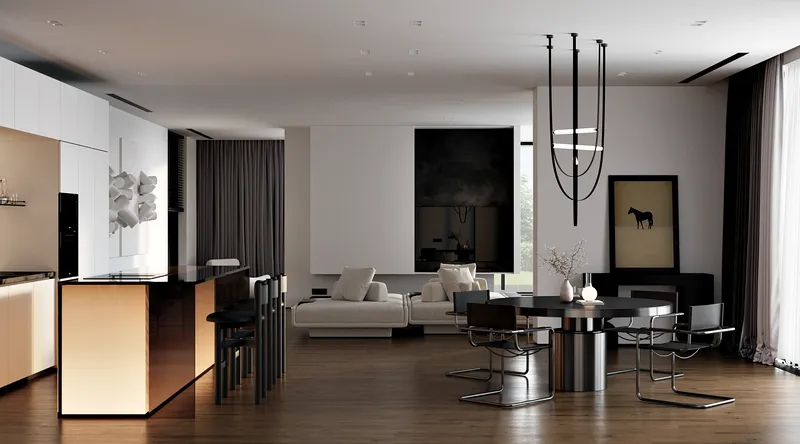 Weitläufiger Blick auf einen modernen, offenen Innenraum mit integrierter Küche, Essbereich und TV-Lounge.