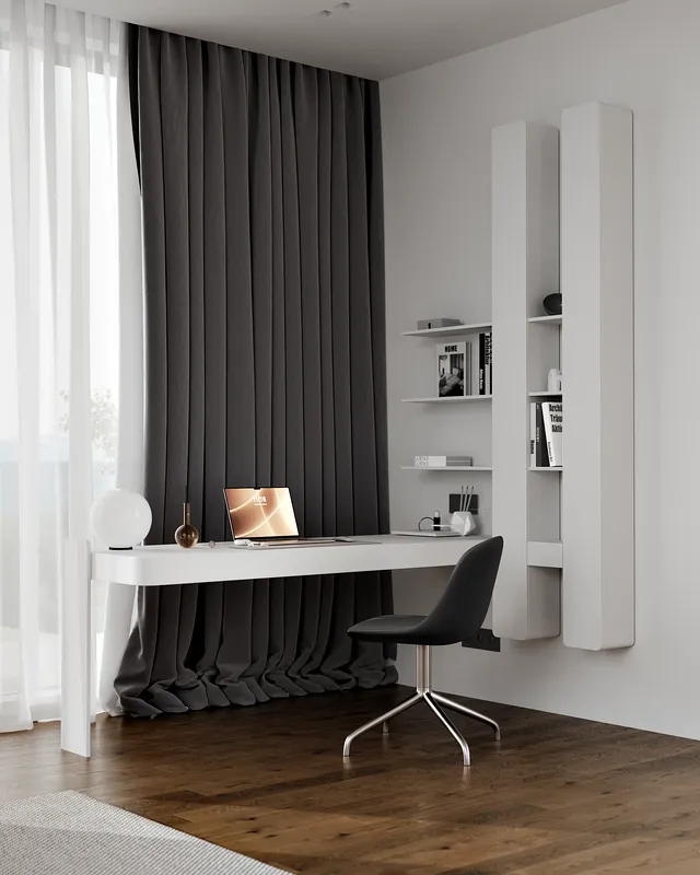 Espace de travail fonctionnel dans la chambre moderne, doté d'un bureau élégant et d'étagères intégrées.