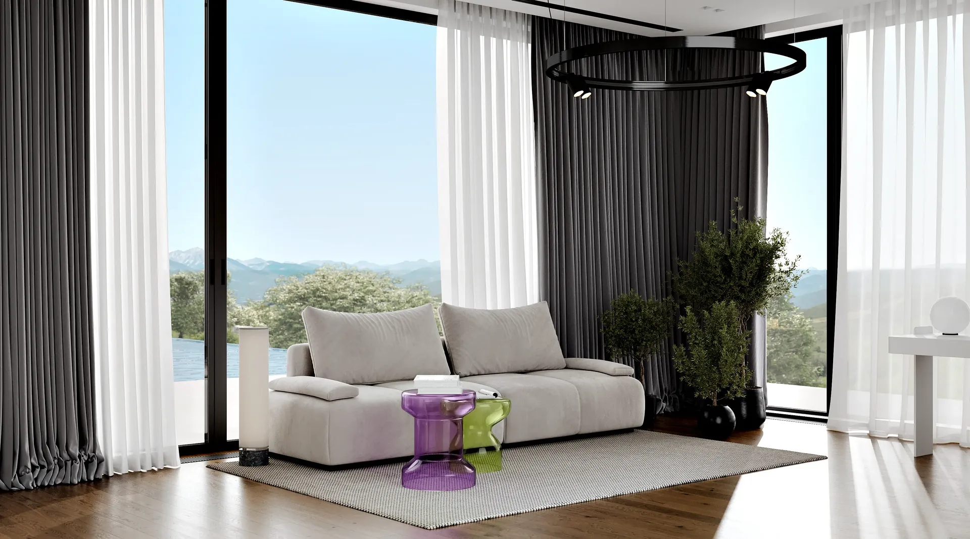 Helles Gästezimmer mit einem bequemen modernen Sofa neben einem großen Fenster.