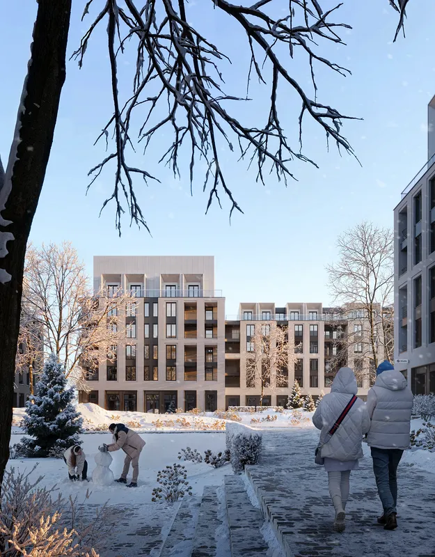 Scène résidentielle hivernale ensoleillée avec de la neige, des sentiers pédestres et des résidents à l'extérieur