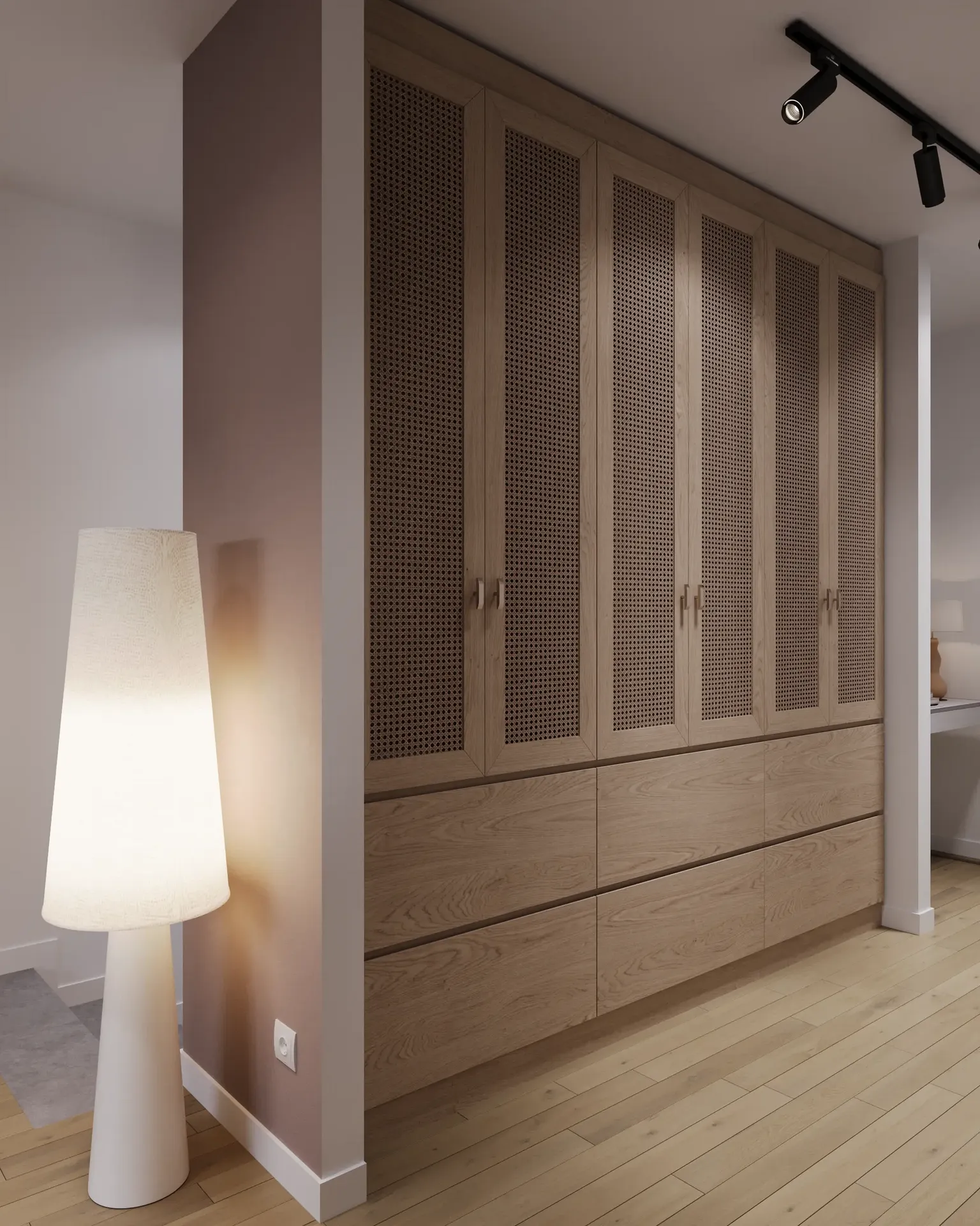 Vue en angle d'une armoire et d'un lampadaire.