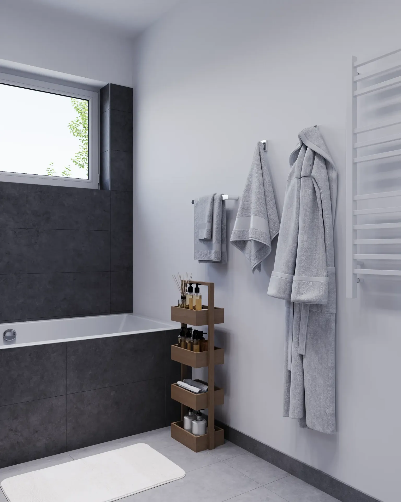 Rangement de salle de bain en angle avec étagères et patères.