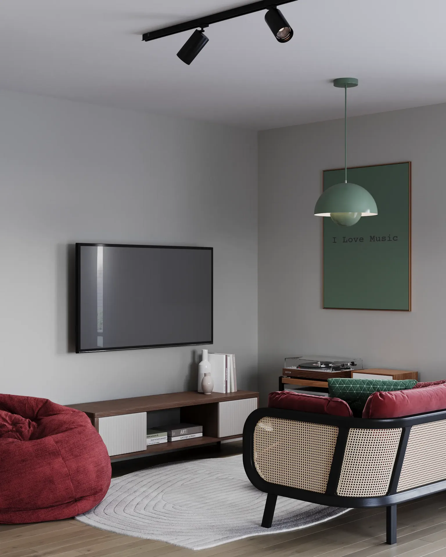 Vue en angle d'un coin TV, d'un pouf et d'un canapé.