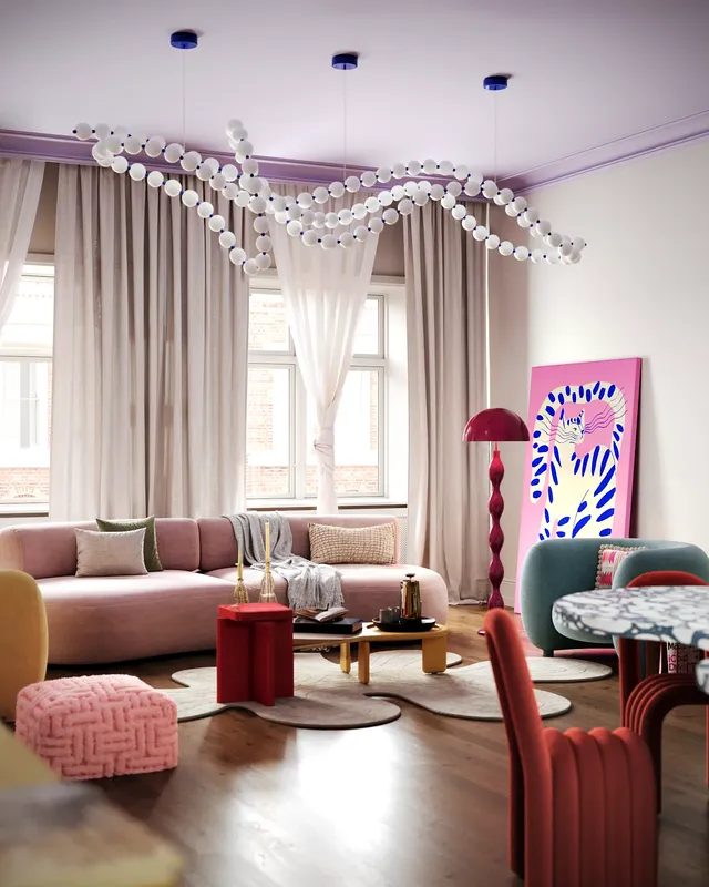 Salon Pop Art vibrant comprenant un canapé audacieux, un lampadaire, des fauteuils et une grande fenêtre.