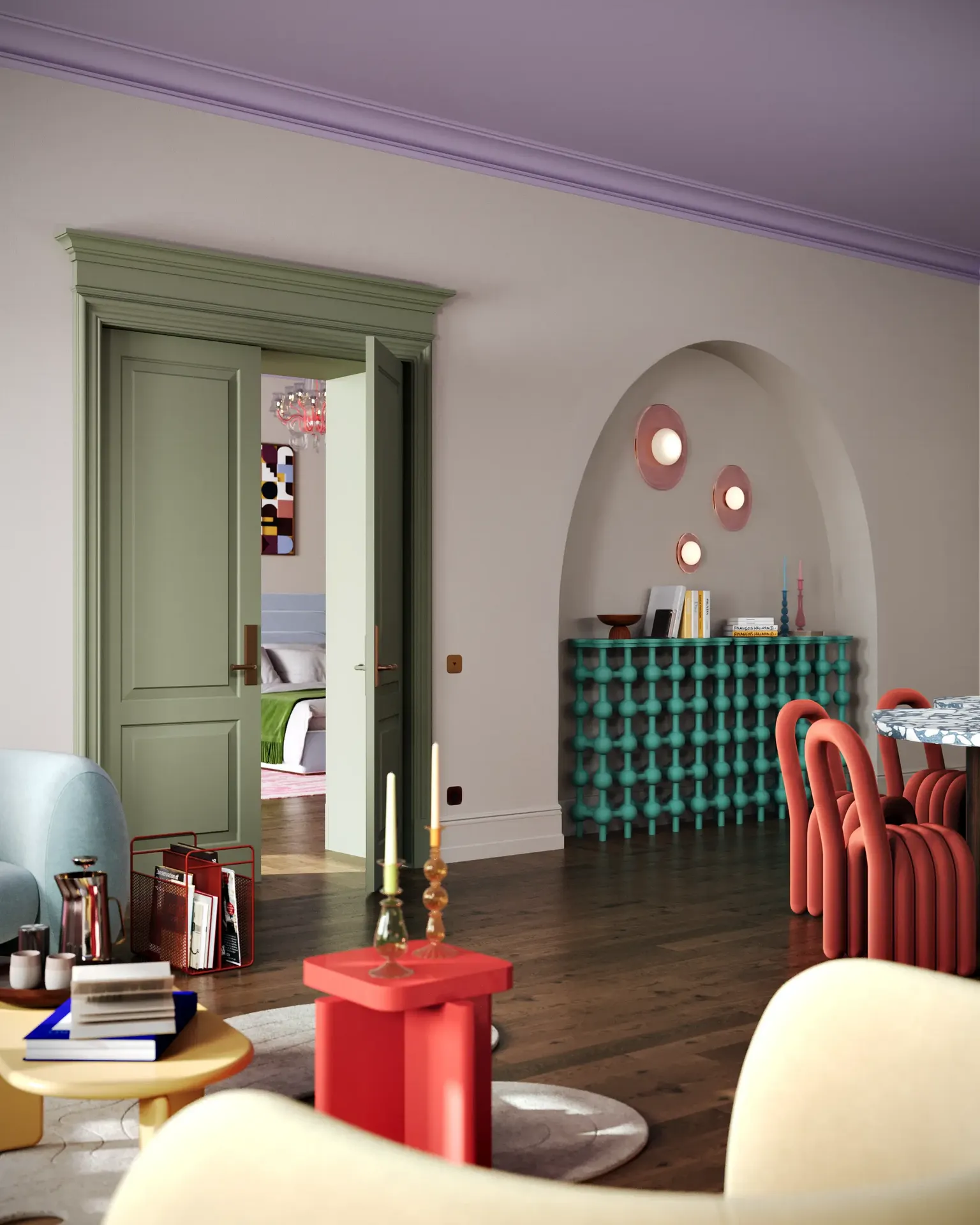 Blick auf den Eingang eines Schlafzimmers in einem Pop-Art-Interieur, flankiert von originellen, modernen Couchtischen.