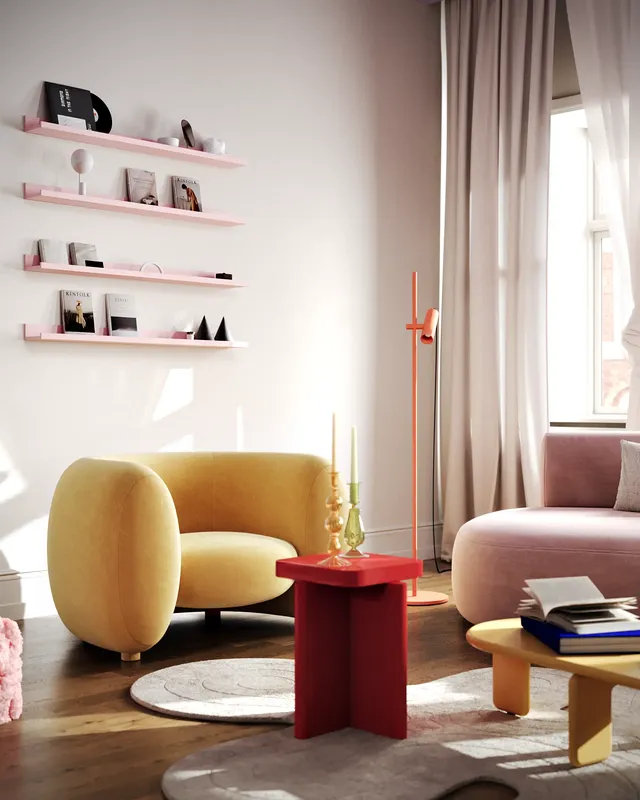 Coin de lecture Pop Art confortable avec un fauteuil jaune vif, une table d'appoint et une étagère décorative soignée.