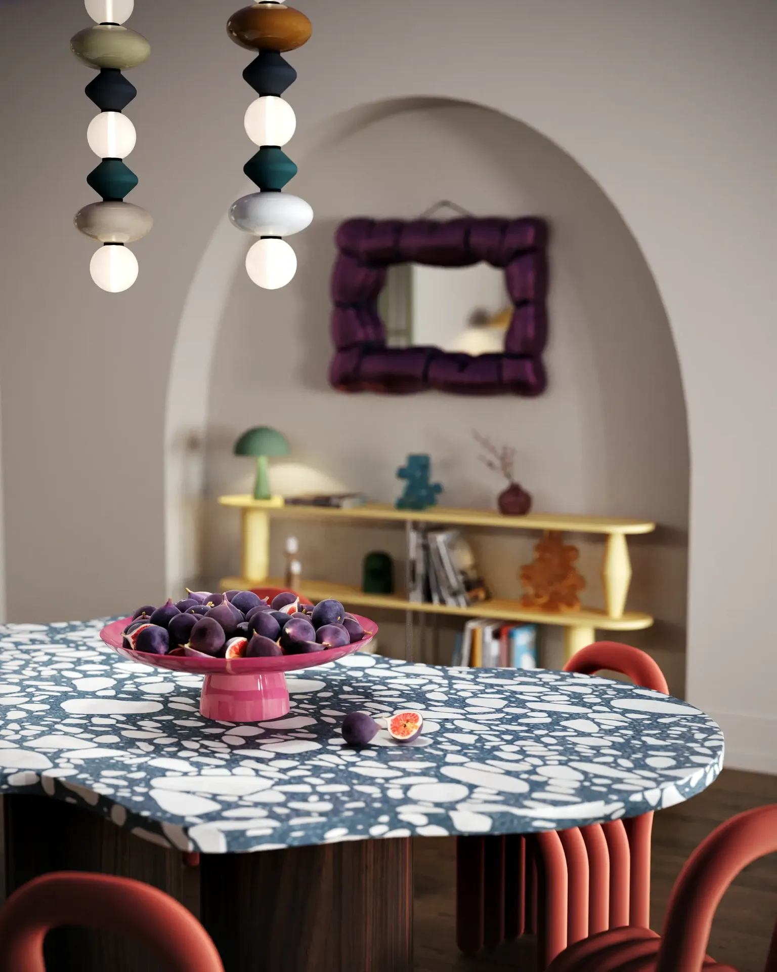 Nahaufnahme eines modernen Couchtisches mit einer zeitgenössischen Vase mit frischen Feigen.