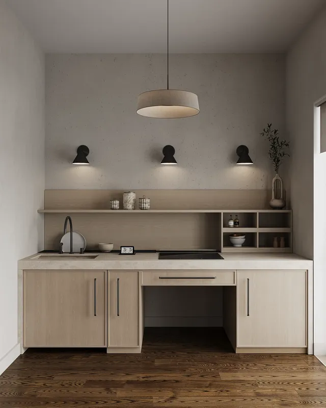 Zugängliche Küche mit Arbeitsbeleuchtung und unteren Lagerregalen.