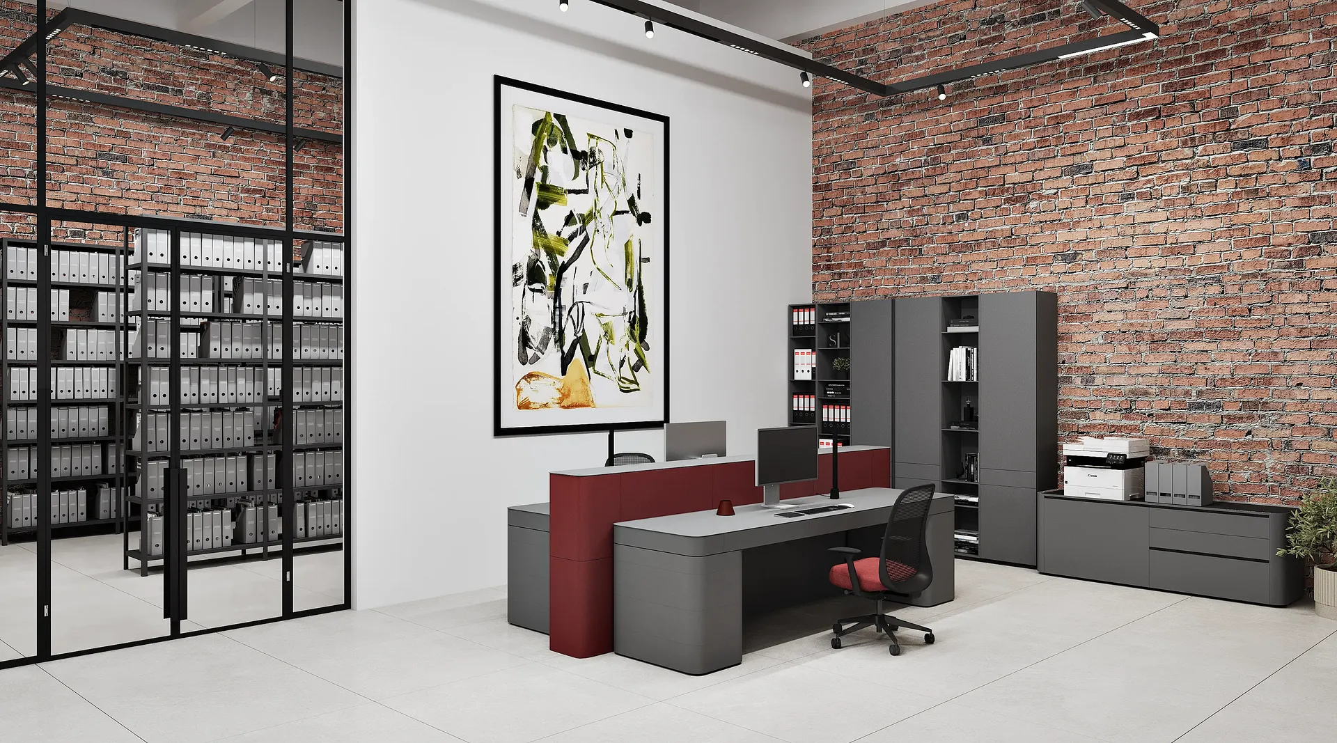 Functional accountant office and archive room with organized storage systems.