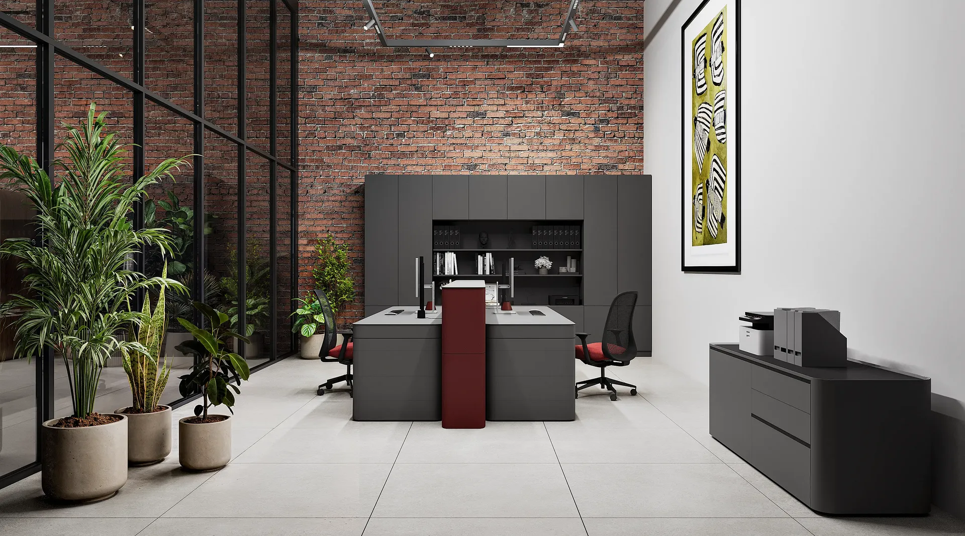Contemporary private office designed for department heads with ample natural light.