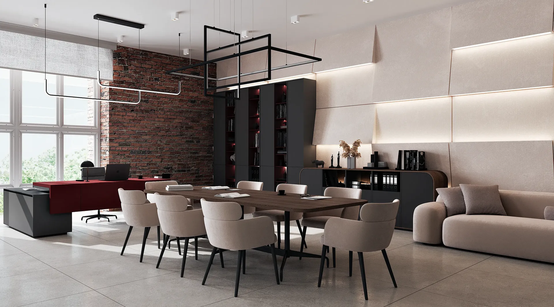 Luxurious executive office featuring a private meeting table and modern decor.